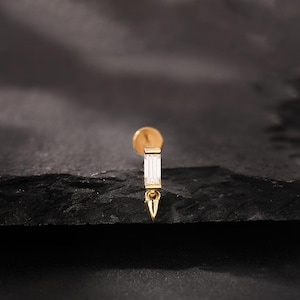 20G/18G/16G Rectangle Moissanite Dangle Push Pin Labret,Threadless Flat Back Earring,Tragus Stud,Flat Back Stud,Helix Stud,Cartilage Stud