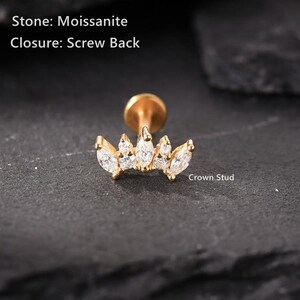 Crown Moissanite Tragus Stud, Sterling Silver Threadless Labret