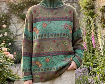 Retro-Strickpullover aus Baumwolle mit Rollkragen und Blumenmuster: Lässige Passform, warmer Herbst-Winter-Pullover