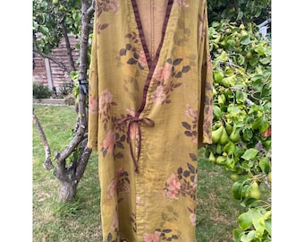 Green Floral Linen Blend Robe: Boho Cottagecore Jacket With Pockets