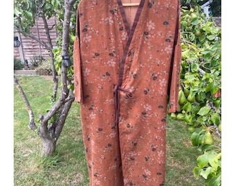 Brown Floral Linen Blend Robe: Boho Cottagecore Jacket With Pockets