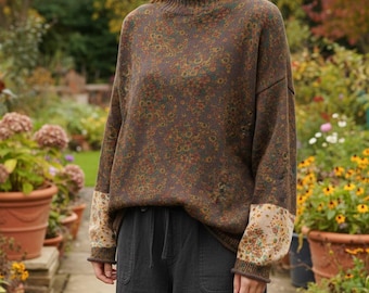 Floral Cotton Turtleneck Sweater: Boho Cottage Style Knitted Long Sleeve Top