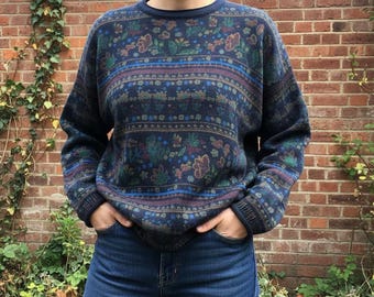 Floral Knit Round Neck Sweater: Relaxed Fit Cotton Warm Jumper