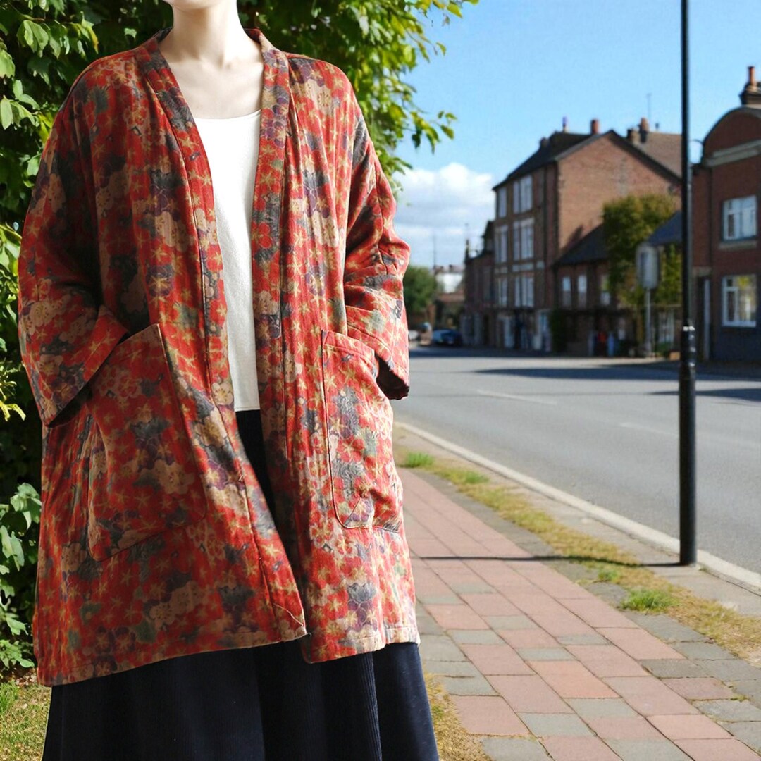 Jacket Like A Robe Red Floral Linen Blend Robe: Boho Cottagecore Jacket Jacket With ...