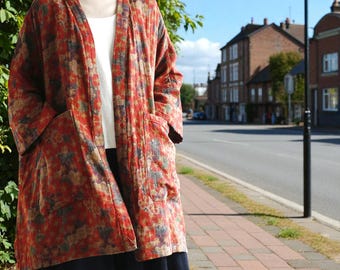 Red Floral Linen Blend Robe: Boho Cottagecore Jacket Jacket With Pockets