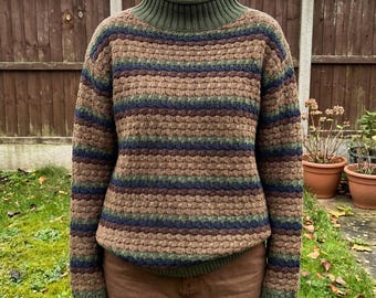 Woven Cotton Knit Striped Sweater: Retro Cottage Turtleneck Pullover Jumper