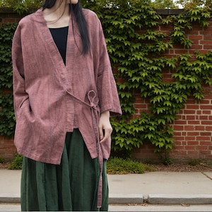 Veste kimono en lin lavé avec poches, veste rétro surdimensionnée à nouer à la taille, châle ample bohème pour femmes, peignoir de plage léger pour les vacances