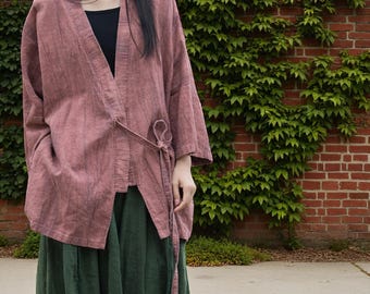 Washed Linen Kimono Jacket: Retro Oversized Robe with Waist Tie And Pockets