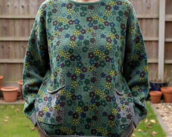 Floral Cotton Knitted Sweater: Retro Cottage Style Pullover Jumper With Front Pockets