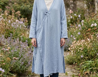 Baumwoll-Leinen-Wrap-Cardigan : Lange Kimono-Jacke für Damen mit Taschen