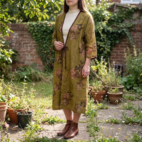 Green Floral Cotton Waist Tie Jacket : Boho Cottagecore Robe Coat For Layering