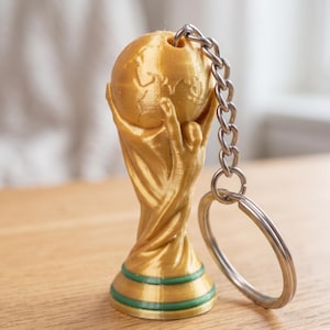 Puede incluir: Un llavero dorado con un diseño de trofeo en miniatura. El trofeo tiene un globo terráqueo sostenido por manos, con una base verde y dorada. Se adjuntan una cadena y un anillo plateados.
