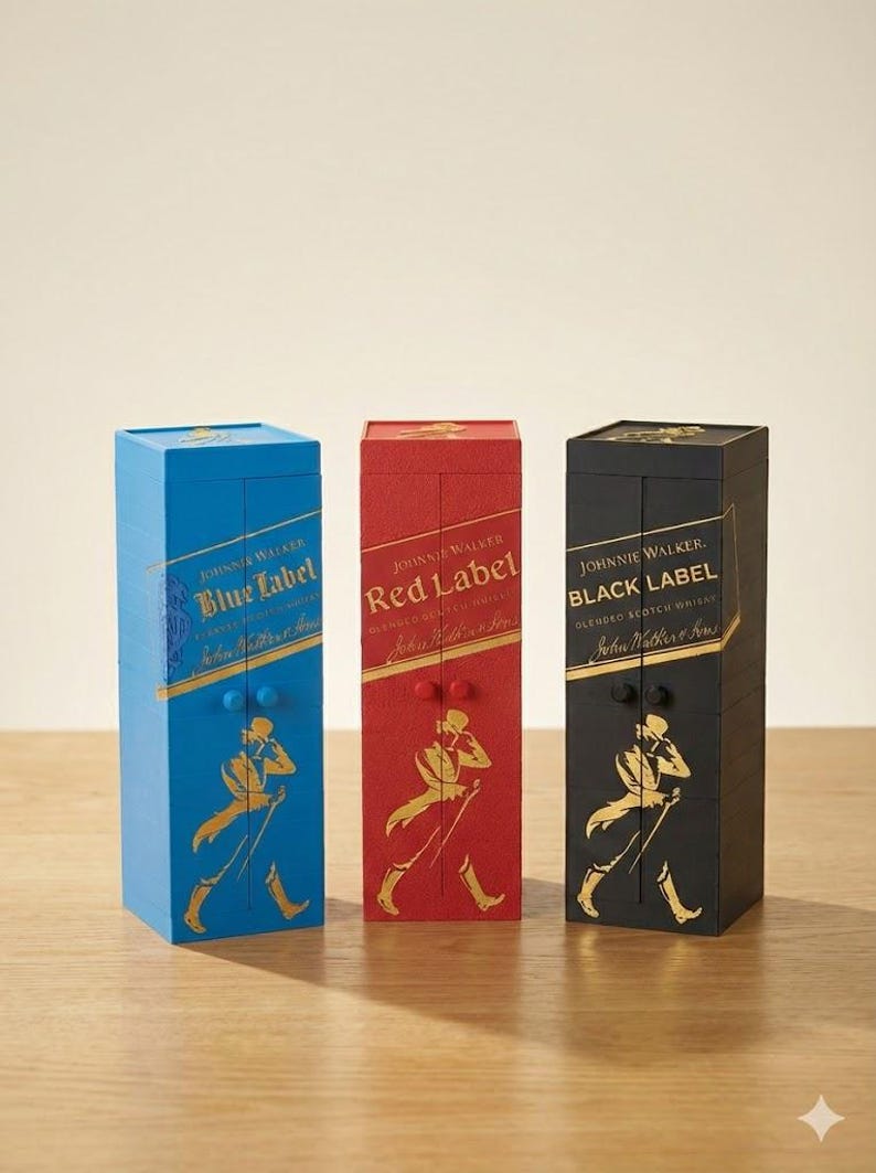 May include: Three decorative boxes in blue, red, and black, each featuring the Johnnie Walker logo and label. The blue box reads "Blue Label," the red box reads "Red Label," and the black box reads "Black Label."