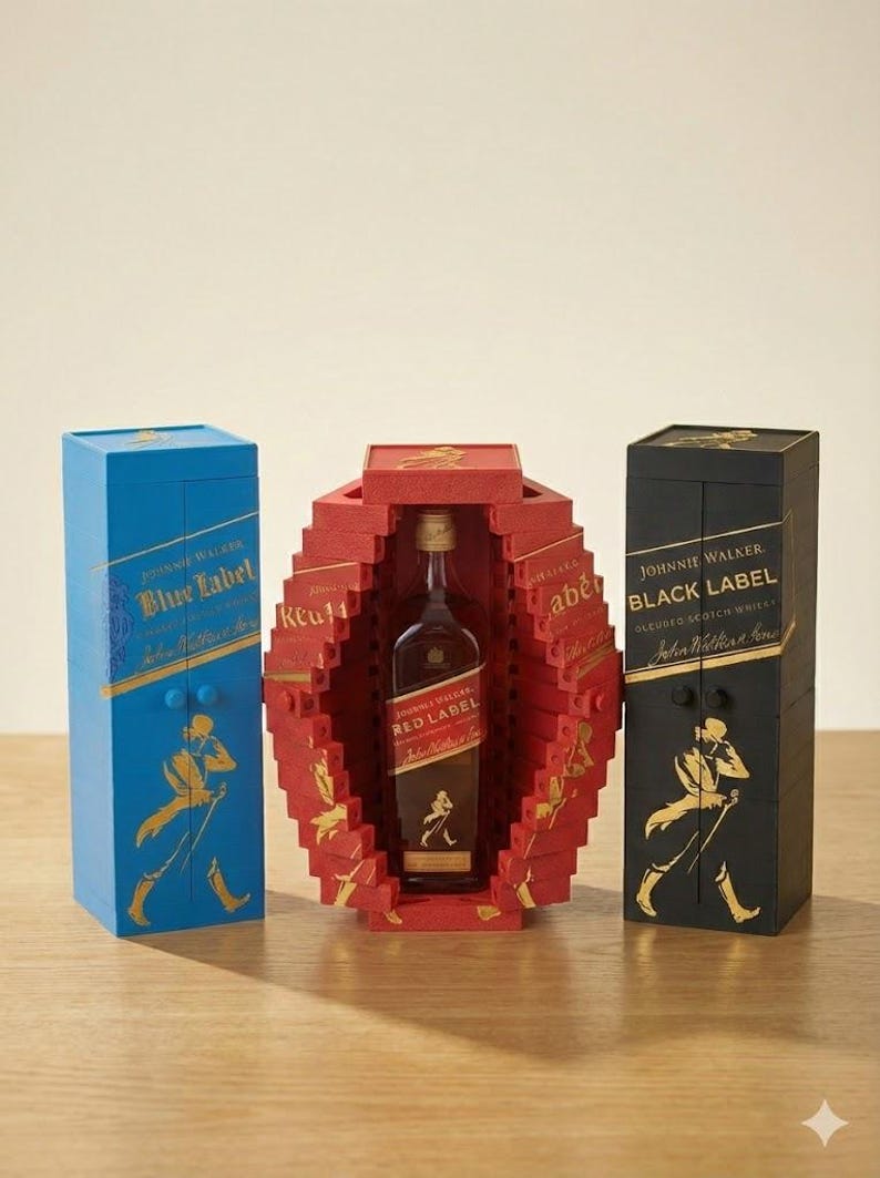 May include: Three Johnnie Walker whisky bottles in unique packaging. A blue box with gold lettering and a gold figure, a red, segmented container holding a Red Label bottle, and a black box with gold lettering and a gold figure.