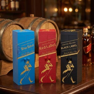 May include: Three Johnnie Walker whisky boxes in blue, red, and black. Each box features the brand name and label, with a gold illustration of a striding man. The boxes are on a wooden surface.