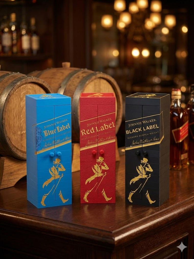May include: Three Johnnie Walker whisky boxes in blue, red, and black. Each box features the brand name and label, with a gold illustration of a striding man. The boxes are on a wooden surface.