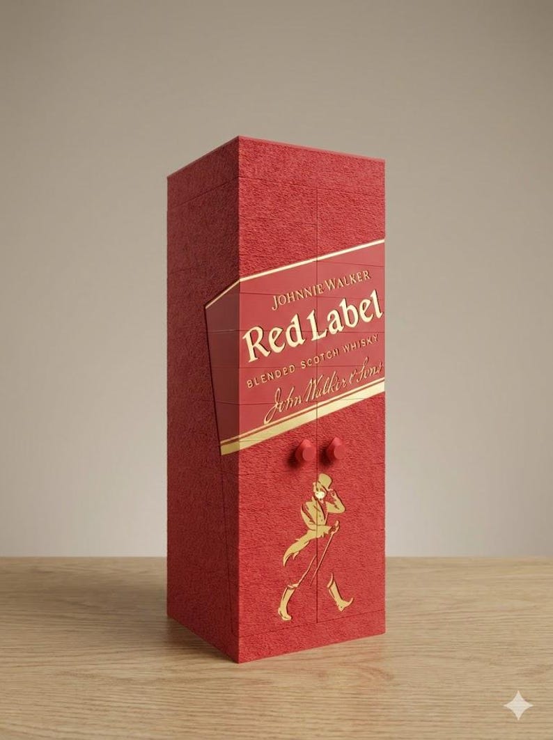 May include: Red rectangular box with the words "Johnnie Walker Red Label" in gold lettering. The box has a textured surface and a gold illustration of a man walking with a cane. Two small red knobs are on the front.