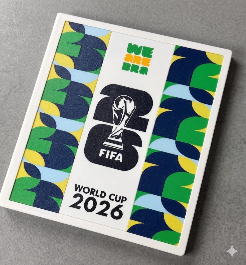 May include: A square white frame containing a graphic print for the FIFA World Cup 2026. The center features the trophy icon over the number 26, with the text WE ARE BRA, FIFA, and WORLD CUP 2026. The sides have a repeating pattern of green, blue, yellow, and light blue shapes.