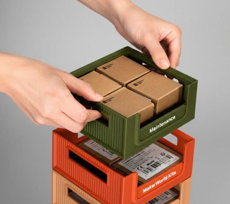 Close-up of hands stacking an orange modular 3D printed box onto a storage tower. Professional studio setting showing the practical use of the StackBox system for organization