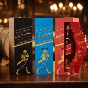 May include: Three Johnnie Walker whisky gift boxes: Black Label in black, Blue Label in blue, and Red Label in red. Each box features a gold illustration of the Striding Man and the brand name. Whisky bottles and barrels are in the background.