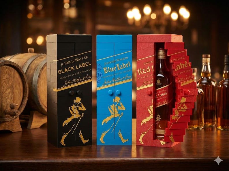 May include: Three Johnnie Walker whisky gift boxes: Black Label in black, Blue Label in blue, and Red Label in red. Each box features a gold illustration of the Striding Man and the brand name. Whisky bottles and barrels are in the background.