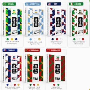 May include: A collection of seven FIFA World Cup 2026 sticker albums, each featuring a unique national flag color scheme and country name. The covers display the official tournament logo, the text 'WE ARE' followed by the country name, and 'WORLD CUP 2026'.