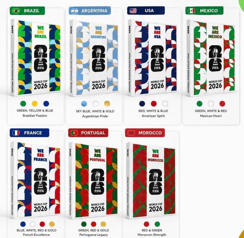 May include: A collection of seven FIFA World Cup 2026 sticker albums, each featuring a unique national flag color scheme and country name. The covers display the official tournament logo, the text 'WE ARE' followed by the country name, and 'WORLD CUP 2026'.