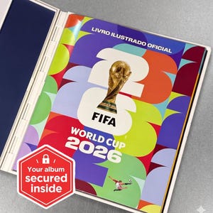 May include: The FIFA World Cup 2026 official sticker album features a colorful geometric pattern on the cover with the gold trophy, the text LIVRO ILUSTRADO OFICIAL, and a red hexagonal badge that reads Your album secured inside.