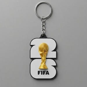 May include: A keychain featuring a gold-colored trophy, the FIFA World Cup, set against a white and black background. The word "FIFA" is printed in black below the trophy. The keychain has a silver ring and chain.