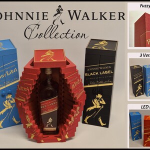 May include: Johnnie Walker Collection featuring Red Label, Black Label, and Blue Label whiskey bottles. The image showcases the bottles in decorative boxes, with a red, black, and blue color scheme. The boxes have gold accents and the Johnnie Walker logo.