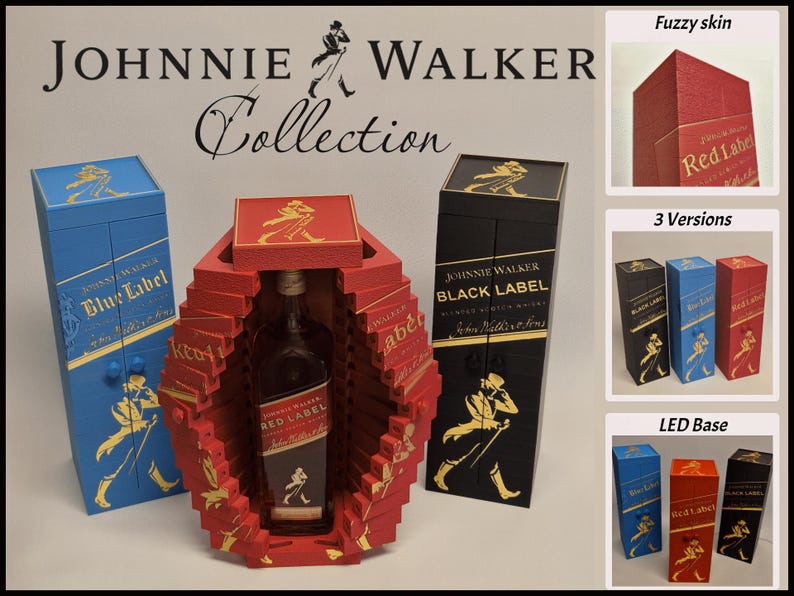 May include: Johnnie Walker Collection featuring Red Label, Black Label, and Blue Label whiskey bottles. The image showcases the bottles in decorative boxes, with a red, black, and blue color scheme. The boxes have gold accents and the Johnnie Walker logo.