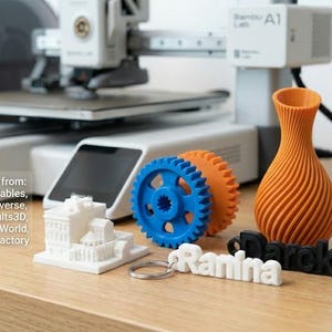 May include: A 3D printer with various printed objects, including a white architectural model, blue and orange gears, and an orange vase. The objects are on a wooden surface. Text on the image lists online sources for 3D printing files.