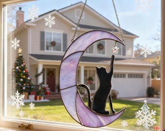 Glass Cat on Crescent Moon Sun Catcher, Window Hanging