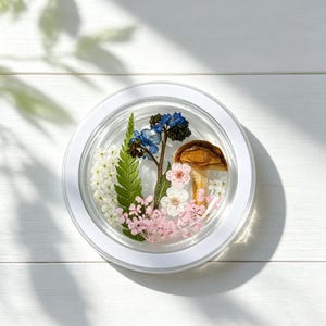 May include: A circular clear glass coaster containing pressed botanical elements including a green fern leaf, small white flowers, blue blossoms, pink hydrangea petals, and a single brown mushroom cap arranged in a decorative composition.