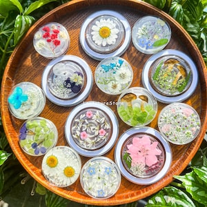 Peut inclure: Une collection de dessous de verre circulaires en résine transparente, chacun incrusté de diverses fleurs pressées, feuilles et petits champignons. Les dessous de verre présentent des arrangements botaniques variés incluant des marguerites, des fleurs roses, des myosotis bleus et des fougères.