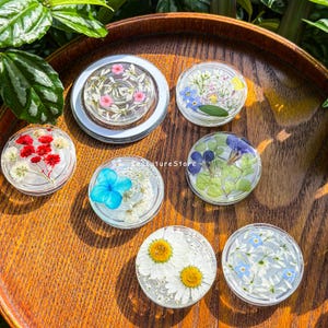 May include: Seven circular clear resin phone grips featuring embedded pressed flowers, including red baby's breath, blue hydrangeas, white daisies, and forget-me-nots. Each piece displays distinct botanical arrangements preserved within a smooth, transparent finish.