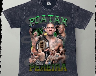 May include: A black t-shirt with a faded, distressed look. The shirt features a graphic print of mixed martial arts fighter Alex Pereira, with the text "Poatan" and "Alex Pereira" in green letters.