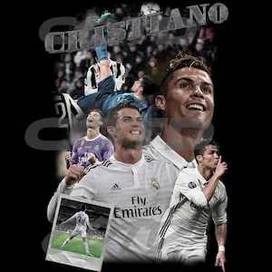 May include: A collage of images featuring Cristiano Ronaldo, a famous soccer player. The images show him in action on the field, wearing a white jersey with the text "Fly Emirates".