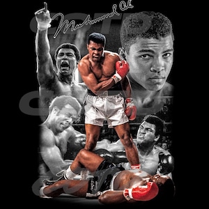 May include: A black and white photo collage of a boxer, Muhammad Ali, in various poses. The collage includes a photo of Ali standing in a boxing stance, a photo of Ali with his arms raised in victory, and a photo of Ali knocking out an opponent. The collage is set against a black background.