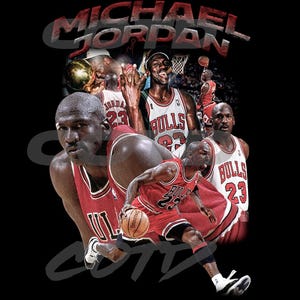 May include: A collage of Michael Jordan images wearing a red and black Chicago Bulls jersey. The text "MICHAEL JORDAN" is in red and white letters at the top of the image.