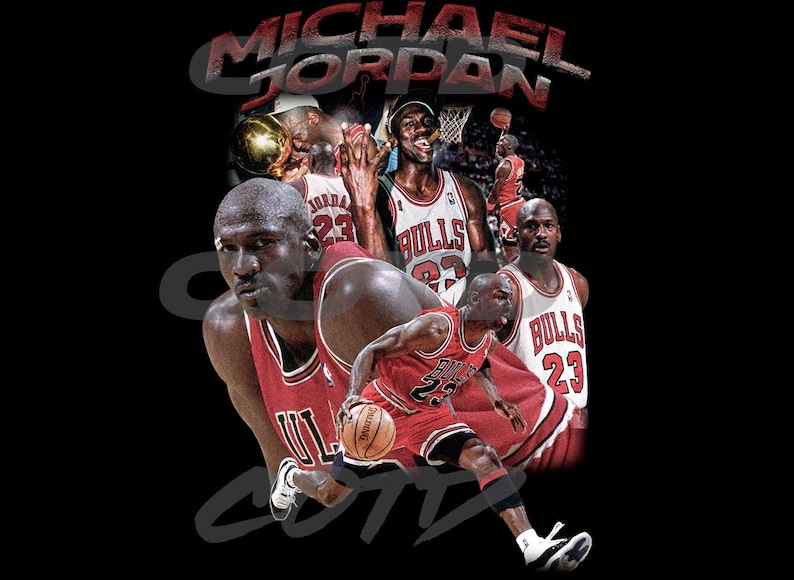 May include: A collage of Michael Jordan images wearing a red and black Chicago Bulls jersey. The text "MICHAEL JORDAN" is in red and white letters at the top of the image.