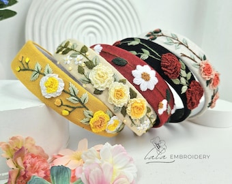 Hand Embroidered Flower Linen Headband, Custom Hair Accessory