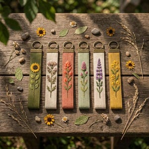May include: Six rectangular fabric keychains with bronze-toned metal rings, each featuring unique hand-embroidered botanical designs including a sunflower, wildflowers, and lavender on olive, cream, terracotta, sage, beige, and mustard fabric.