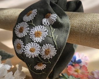 Wild Flowers Hand Embroidered Linen Turban, Daisy Lavender Embroidery Headband Hair Accessories