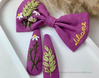 Hand Embroidery Hair Bow Clip & Pin Set, Custom Name, Daisy Wheat Design