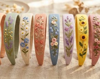 Fascia per capelli in lino ricamata a mano: accessorio floreale per addio al nubilato, regalo con ricami floreali per la mamma