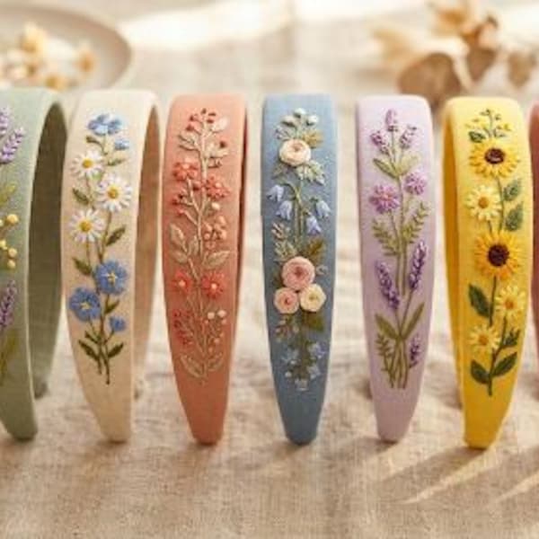 Hand Embroidered Linen Headband: Floral Bachelorette Hair Accessory, Flower Embroidery Gifts for Mom