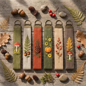 Peut inclure: Six porte-clés en tissu rectangulaires ornés de motifs automnaux brodés, notamment un champignon, une fougère, une pomme de pin, une citrouille, des baies et des feuilles de chêne, fixés à un anneau et une attache en métal laitonné.
