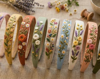 Bandeau en lin brodé à la main : accessoire de cheveux pour célibataire floral, cadeaux de broderie de marguerites de fleurs pour maman
