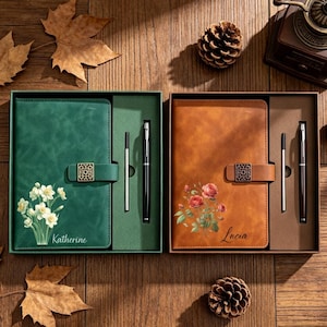 Carnet personnalisé avec stylo et fleur de naissance, journal en cuir personnalisé, agenda avec nom, cadeau d'anniversaire pour elle, coffret cadeau pour une demande en mariage à une demoiselle d'honneur